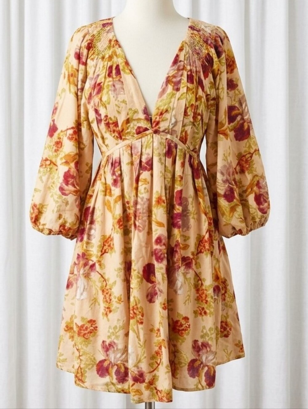 Free People Peach Floral V-Neck Puff Sleeve Mini Dress